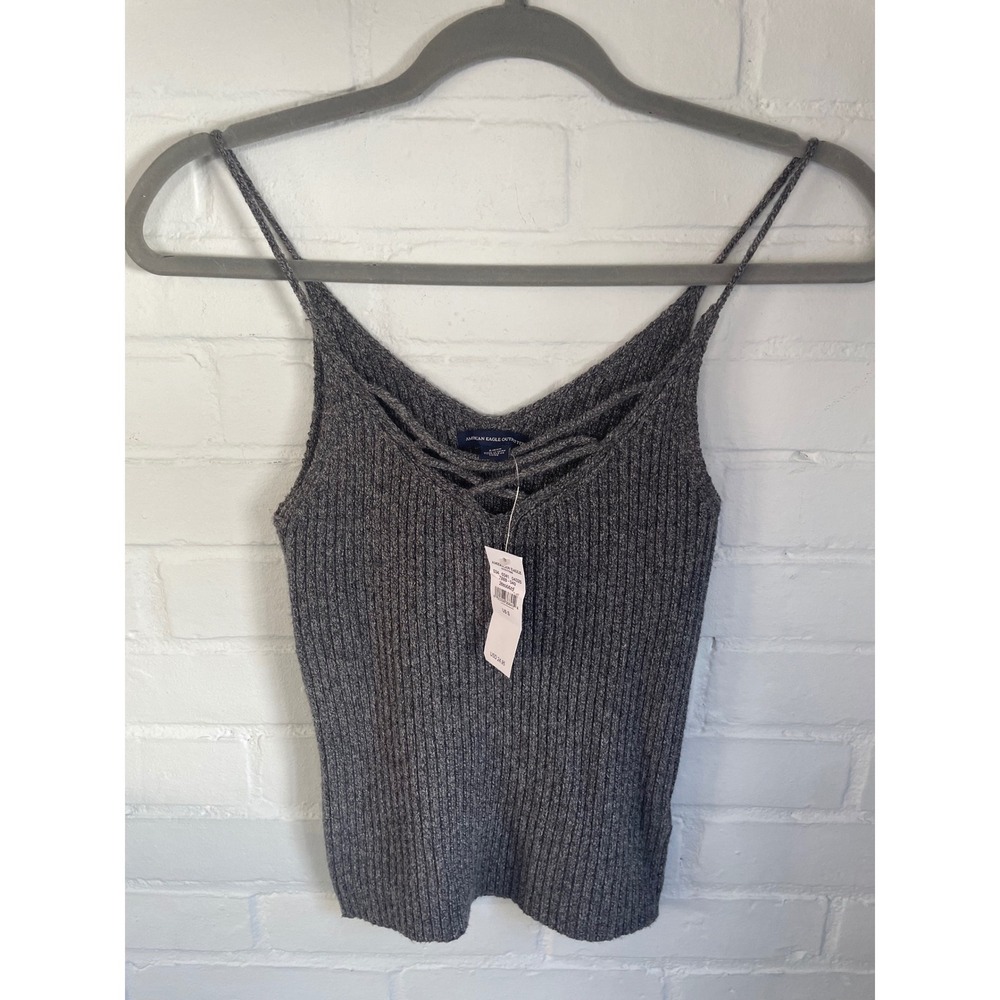 American Eagle Ribbed Knit Cami Tank‎ Top Gray Crisscross V-Neck NWT Small